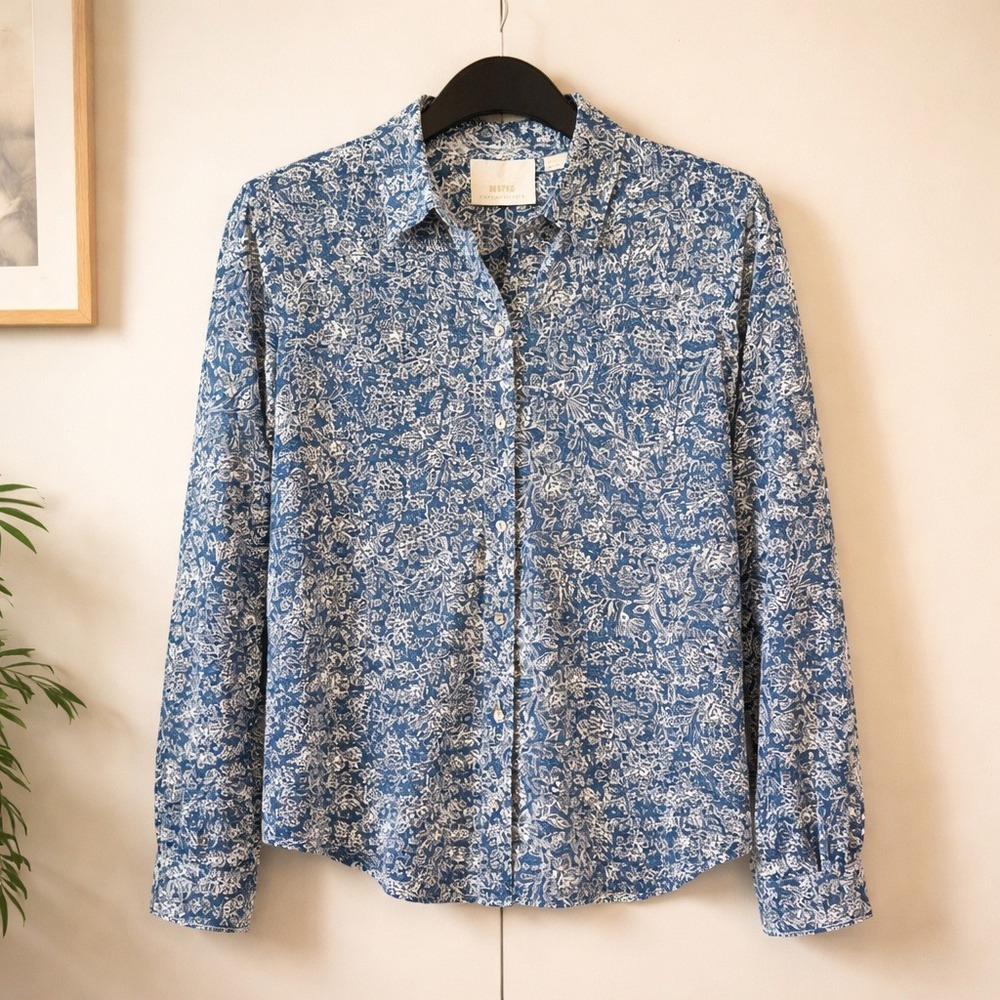 Maeve Anthropologie 2 Blue White Floral Cotton Button Down Shirt Blouse Slim